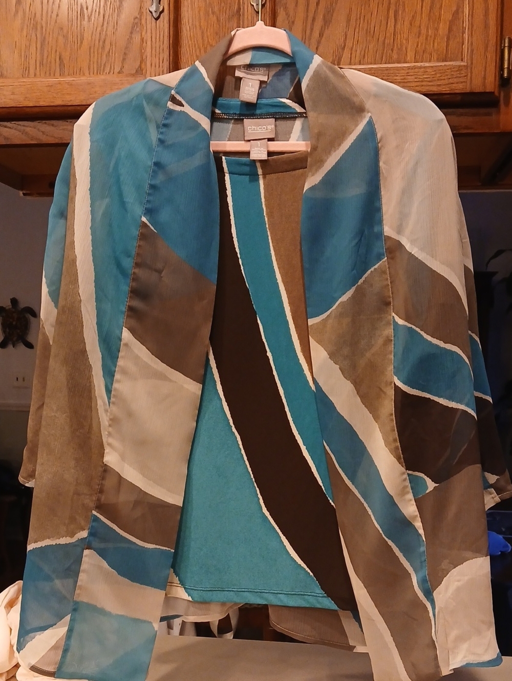 Chico's Teal, Brown & Cream Abstract Sheer Jacket With Matching Top